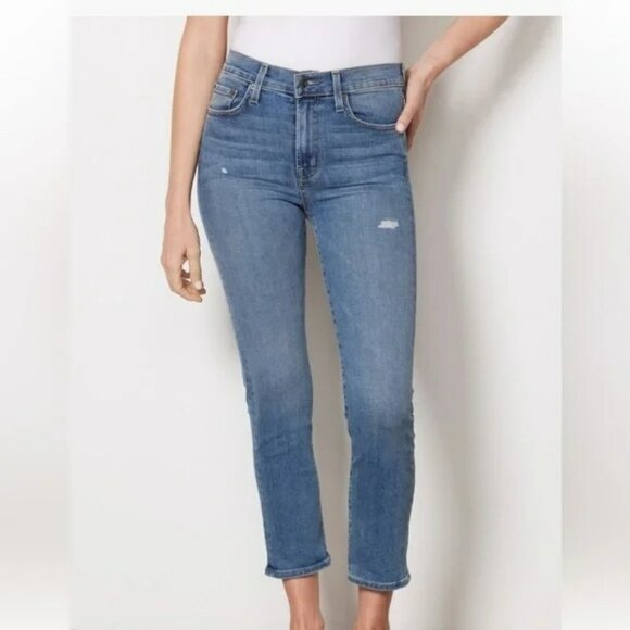 Edwin Elin Crop Straight Jeans Womens 27 Blue Distressed - Picture 1 of 14